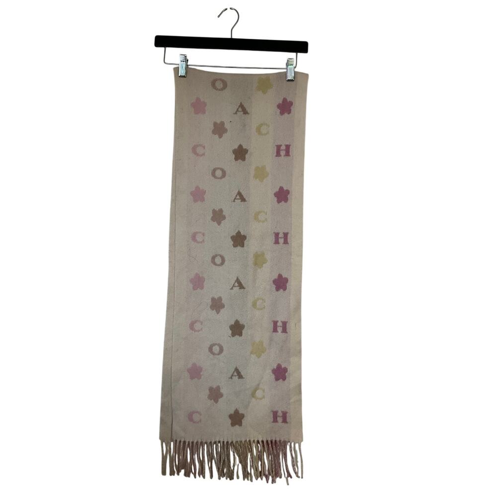 Coach Logo Monogram Striped Wool Blend Scarf Pink Beige Fringe